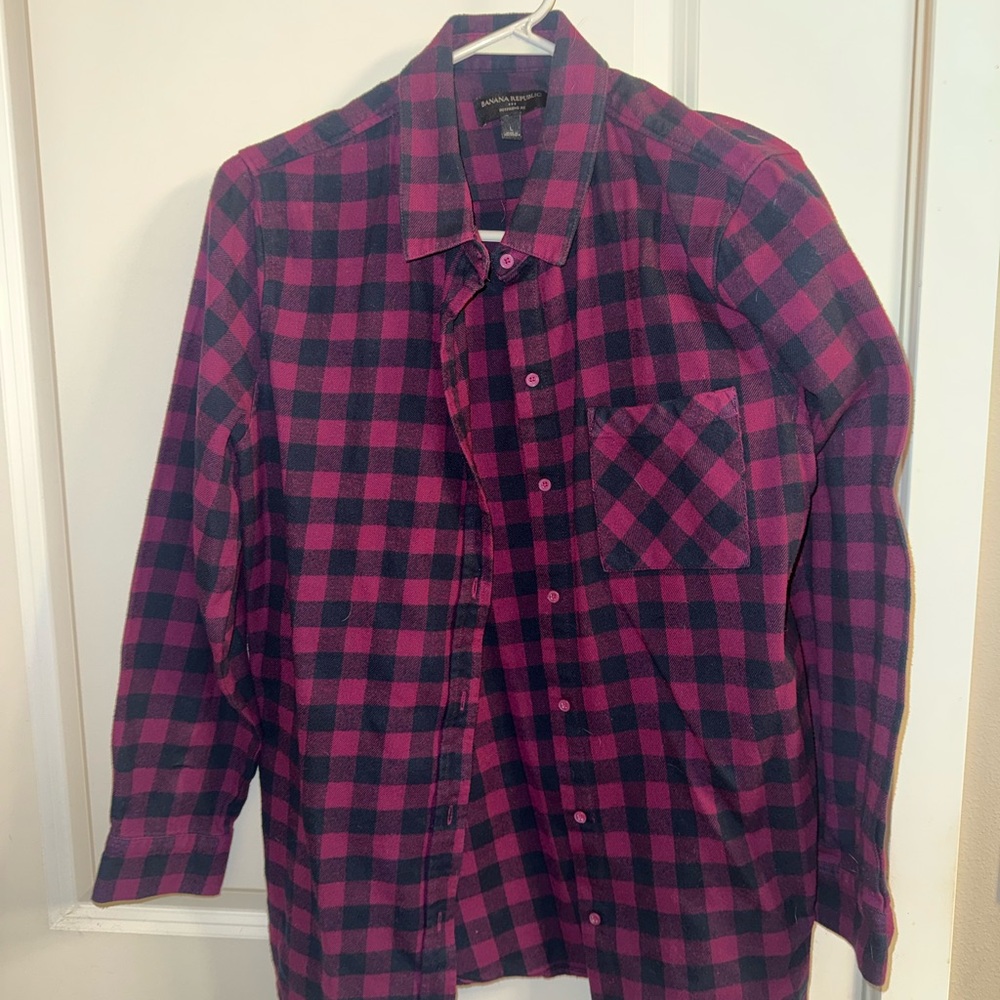 Banana Republic Magenta and Black Plaid Button-Down Shirt